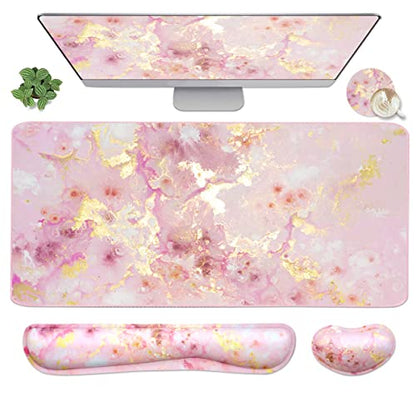 4-in-1 Large Gaming Mouse Pad, Keyboard Wrist Rest Pad & Wrist Support Mousepad Set, Extended Desk Pad Waterproof Desk Mat for Home Office Study Game-Pink Gold Marble - color: Pink Gold Marble-2