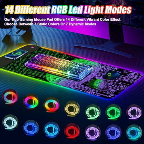 ToLuLu Wireless Charging RGB Gaming Mouse Pad, 15W LED Mouse Mat with 30W Charger, 14 Light Modes Large Mousepad Wrist Support, Non-Slip Rubber Base Desk Mat Computer Keyboard Pad, Right Left Brain - color: Right Left Brain