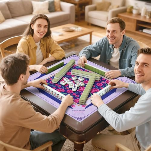 Mahjong Mat for Table with Carrying Bag & 3 Dice, Purple Pink Floral 31.5"x31.5" Square Rubber Mahjong Table Cover, Non-Slip & Noise Reduction Gaming Mat for Mah Jongg, Poker, Dominoes & Tile Games - color: Purple Pink
