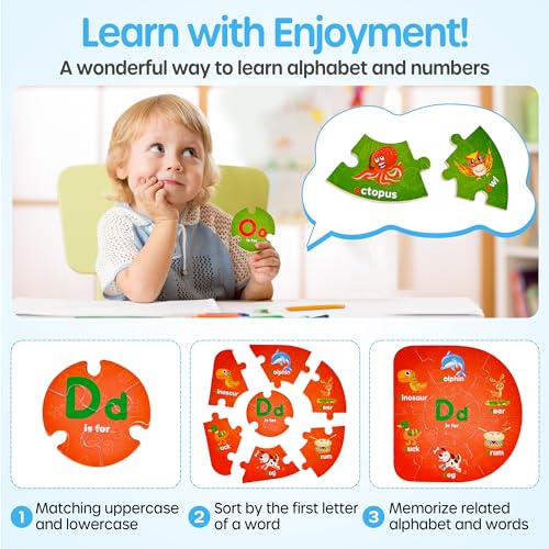 SYNARRY Number and Alphabet Puzzles for Kids Ages 3-5, ABC Learning for Toddlers Ages 3+, Preschool Activities Letter Puzzles Montessori Educational Toys Gifts for 4 5 6 7 8 Year Old Boys Girls - style: ABC+numbers(special-shaped)