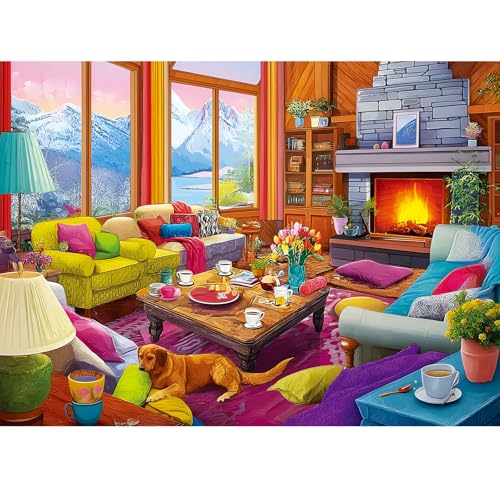 300 Piece Puzzles for Adults,Rustic Lodge Cozy Fire Puzzle for Adults Kids Seniors,Large Piece Fireplace Room Puzzle for Kids 8-10 10-12,Challenging Sofa Dog Puzzles Perfect for Game Nights, 20.5x15 - color: Fireplace