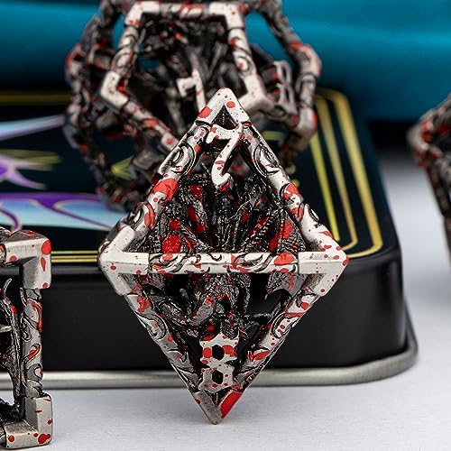 ARUOHHA Hollow DND Dice Set Blood Spatter 5-Headed Dragons D and D Dice with Gift Box, Role Playing Games 7PCS RPG Metal Dungeons Polyhedral Dice D20 D12 D10 D8 D6 D4 - color: Blood Apatter