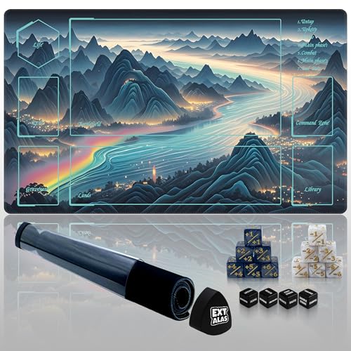 MTG Playmat with Storage Tube & 7-Dice Set - Waterproof TCG Playmat with Stitched Edges, Non-Slip Rubber Card Game Mat (24"x14") (playmat with Zones, Starry Sea and Fire) - color: Starry Sea and Fire, style: playmat with zones