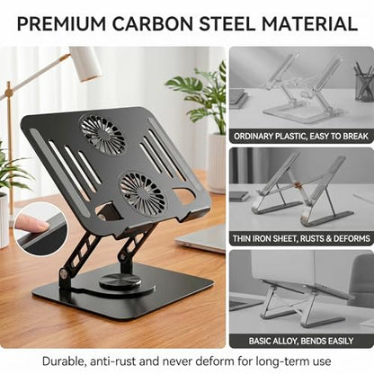 Laptop Stand with Cooling Fan, 360° Rotating Base Aluminum Laptop Riser, Foldable Ergonomic Computer Stand for Desk, Height Adjustable Notebook & All Laptops Up to 17.3" (Black) - color: Black