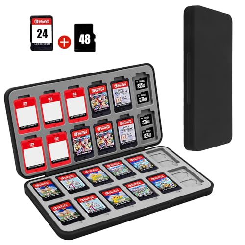 FYY Nintendo Switch Game Case Holder for Switch 2 Cartridge, Black | 24 Game Card Slots & 48 Micro SD Card Slots, Hard Shell, Silicone Lining - color: A-Black