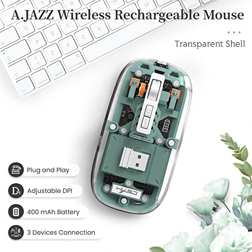 A.JAZZ Wireless Bluetooth5.1&2.4G Mini Lightweight Mouse,Transparent Clear Cool,Rechargeable Silent Computer Mice,Nano USB C Receiver,LED Battery Magic Silm for Office/PC/Mac/Laptop/Apple/ipad(Green) - color: Green
