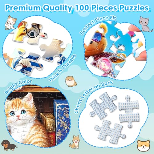 4-Pack 100 Piece Puzzles for Kids Ages 4-6 6-8 8-10 Year Old - Lovely Cats & Bear & Dogs Large Piece Jigsaw Puzzles, Kids Puzzles Learning Educational Toys Christmas Puzzle Gifts for Boys Girls - style: Lovely Cats Bear Dogs
