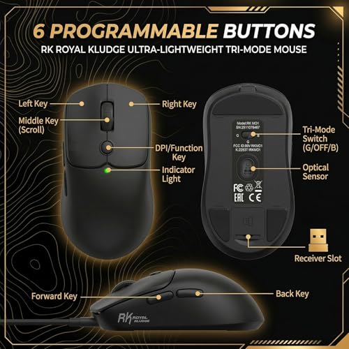 RK ROYAL KLUDGE MO1 Wireless Mouse, 55g Ultra-Lightweight Computer Mice, 6 Programmable Buttons, Quiet Click, 2.4GHz/Bluetooth/Wired, 6000 DPI Optical Sensor, Black - color: Black