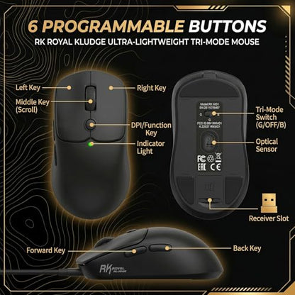 RK ROYAL KLUDGE MO1 Wireless Mouse, 55g Ultra-Lightweight Computer Mice, 6 Programmable Buttons, Quiet Click, 2.4GHz/Bluetooth/Wired, 6000 DPI Optical Sensor, Black - color: Black