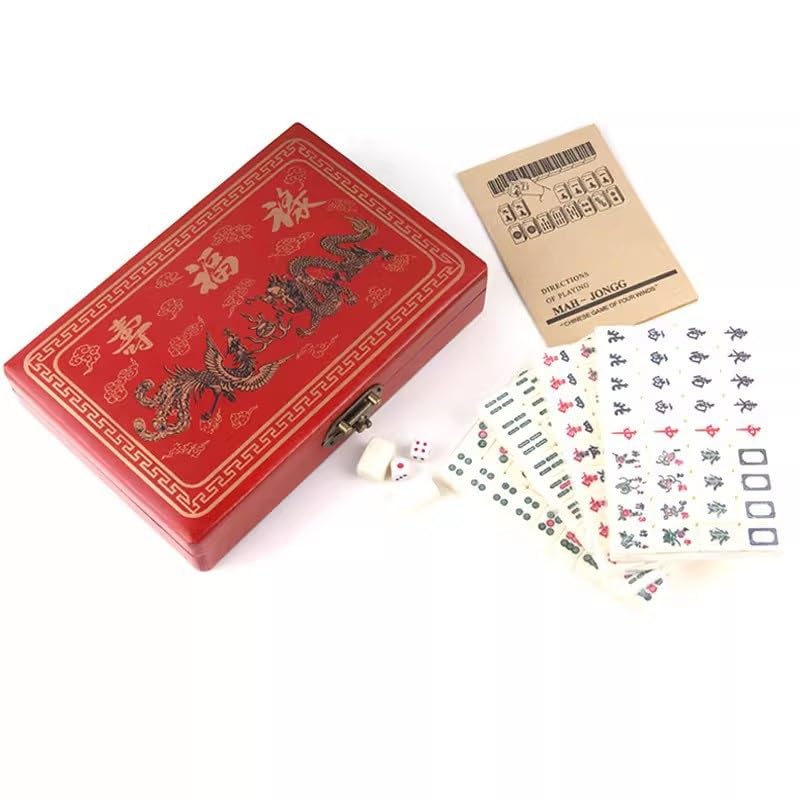 Chinese Mahjong Toy Set, Classic Board Game 144 Tiles Set with a Wooden Box asy-to-Read Game Set Travel Mahjong Set Portable Size and Light Weight