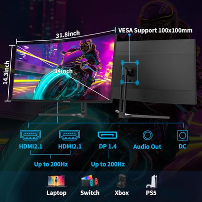 SANSUI 34-Inch Curved Gaming Monitor UWQHD 3440 x 1440P Up to 200Hz Curved 1500R - PIP/PBP, OD 1ms, HDR, 300nits, sRGB 130%, DCI-P3 97%,AI Crosshair,HDMI2.1x2,DP1.4(Cable Included) - size: 34 Inch