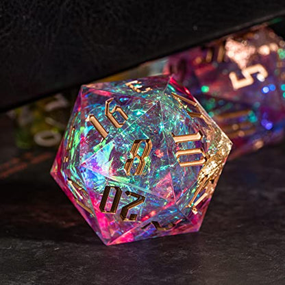 Cusdie Single D20 DND Dice with Sharp Edges and Glitter Foil Inclusions, 20 Sided D&D Dice, 33mm Handcrafted, for Role Playing Game (Pink) - color: White