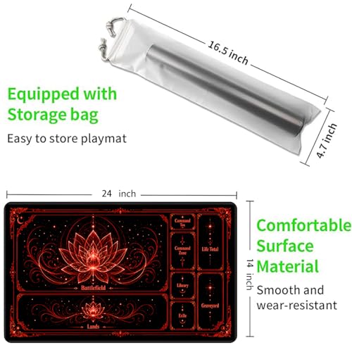 Playmat for MTG with Zones, 24 x 14 Inch Card Game Mat, Stitched Edges, Non Slip Rubber Base, 2mm Washable Play Mat with Storage Bag, Lotus Flower Design, Red Color - color: Red