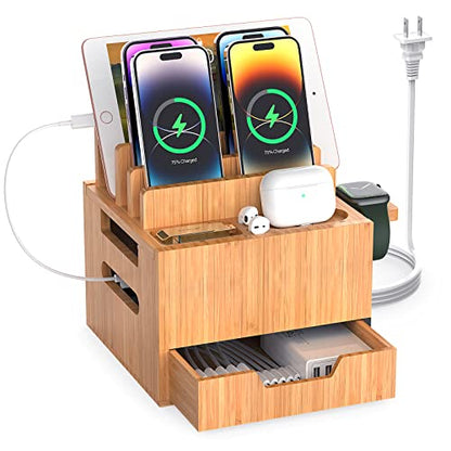Pezin & Hulin Multi Device Charging Station with Drawer & USB Charger | All in One Dock Organizer with Large Storage, Bamboo Rack for Phones, Tablets, Watch, Earbuds (Charger & 5 Cables Included) - color: #2 (With Charger)