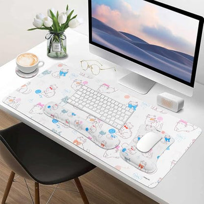 MEGREZ 4-in-1 Mouse Pad with Wrist Rest Ergonomic Memory Foam Desk Mat Set | ergonomic, anti-slip base, 4pcs set, desk pad, mouse wrist rest, keyboard rest, coaster, ideal for office & gaming - color: Bow Kitten