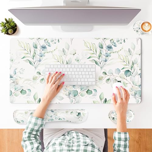 QIYI PU Leather Desk Mat Set, 4-in-1 Ergonomic Wrist Rest, Eucalyptus | Waterproof Large Mouse Pad 31.5×15.7 + Keyboard Wrist Rest + Mouse Wrist Support+Coaster, Non-Slip Office Gaming Accessories - color: Eucalyptus Branches