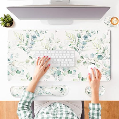 QIYI PU Leather Desk Mat Set, 4-in-1 Ergonomic Wrist Rest, Eucalyptus | Waterproof Large Mouse Pad 31.5×15.7 + Keyboard Wrist Rest + Mouse Wrist Support+Coaster, Non-Slip Office Gaming Accessories - color: Eucalyptus Branches