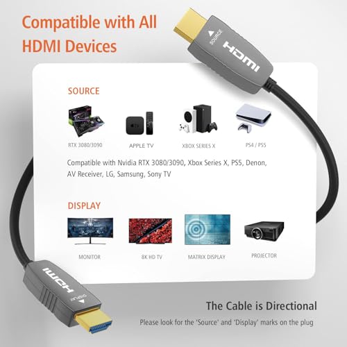 8K Fiber Optic HDMI 2.1b Cable, 48Gbps, 8K60, 4K120, HDR, eARC, 10FT | Fiber Optic Transmission Reduces EMI and Signal Loss vs Copper Cables for Stable 4K@120Hz Gaming and Long-Distance 8K Video - color: B-8K Fiber Gen3/C, size: 10FT