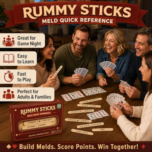 Rummy Sticks Card Game Set with 50 Sticks, for 2-8 Players, Portable Travel Game with Box and Instructions for Family Game Night and Gatherings