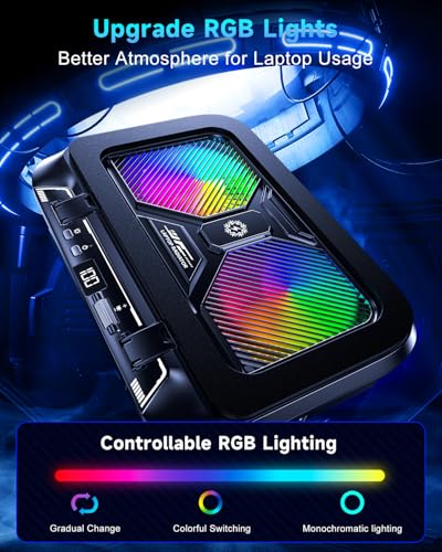 Laptop Cooling Pad with Dual Core Cooler, Gaming Laptop Cooler with 5.5in 2 Powerful Turbofan(9500 RPM), Fast Cooling Laptop 12-21in, 5 Height Stands, 100 Gear Speed, LCD Screen, RGB, Phone Holder
