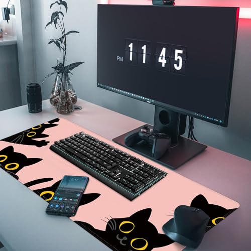 Pink Cute Cat Mouse Pad for Desk,Kawaii Mouse Pad 31.5 X 11.8 in Mouse Mat Desk Pad,Extended Keyboard Pad Large Desk Mat Pink Mousepad with Non-Slip Base and Stitched Edge for Gaming Home Office - color: Pink Cute Cat