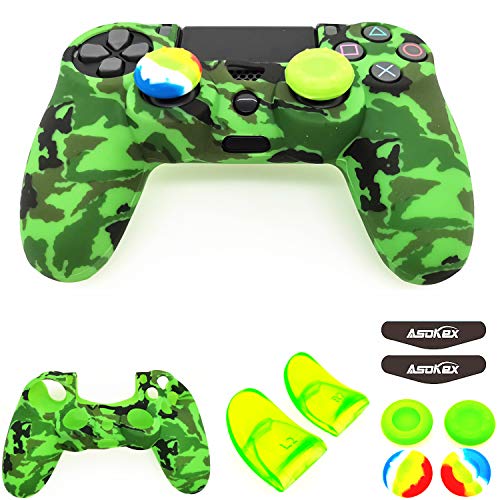 Silicone Skin Cover for Ps4 Controller (1pc Anti-Slip Case, 1 Pair L2 R2 Trigger Extender, 4pcs Thumb Grips,4pcs LED Light Bar Decal) Protector for DualShock PS4/ Slim/Pro Controller (Green camouflag) - color: Green camouflag
