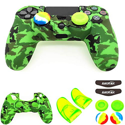 Silicone Skin Cover for Ps4 Controller (1pc Anti-Slip Case, 1 Pair L2 R2 Trigger Extender, 4pcs Thumb Grips,4pcs LED Light Bar Decal) Protector for DualShock PS4/ Slim/Pro Controller (Green camouflag) - color: Green camouflag