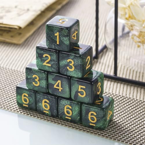 10 Pieces Polyhedral Dice Set D6 Dice 16mm Acrylic 6 Sided Dice Game Dice for Dungeons and Dragons RPG MTG DND Dice Table Games (Starry Green Black) - color: Starry Green Black