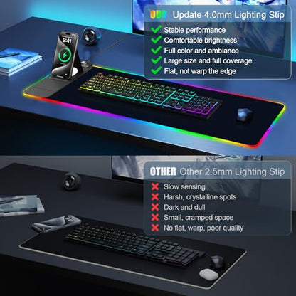 Mouse Pad with Foldable Phone Holder & Wireless Charger, XL RGB Gaming Mousepad 31.5"x11.8" Large Desk Mat for Keyboard, Home Desk Pad with Dual Qi Charging Station | 11 Colors & 5 Modes | Waterproof - color: 31.5x11.81"Phone Stand-Black