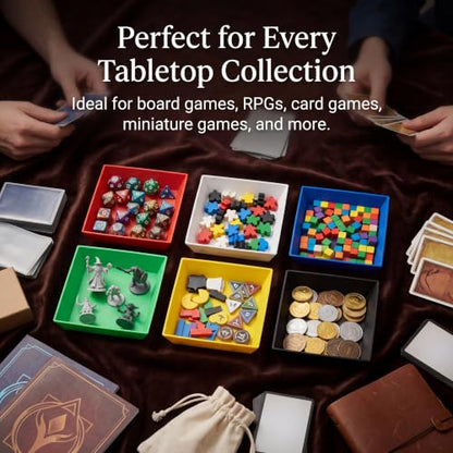 Board Game Token Trays – Stackable Plastic Game Piece Organizers, Dice, Cubes, Coins & Components – Color Coded Tabletop Gaming Accessory for Family Game Night, RPG & Strategy Games (6)