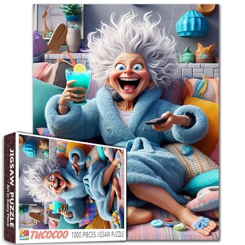 Funny Blue Bathrobe Grandma Jigsaw Puzzle for Adults 1000 Pieces Cozy Living Room Scene Whimsical Home Decor Relaxing Game 20×27 Inches Unique Gifts for Puzzle Lovers Family Entertainment - color: Puzzle-old Woman-05