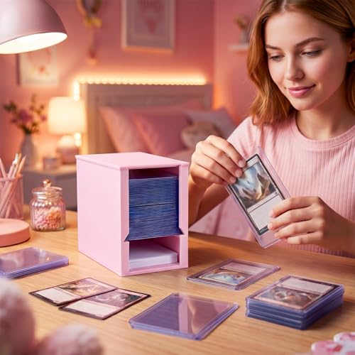 Toploader Dispenser & Penny Sleeve Holder - Dual Compartment Holds 250 Penny Sleeves & up to 50 Top Loaders, Stackable Card Storage Box with Dustproof Lid (Pink) - color: Pink