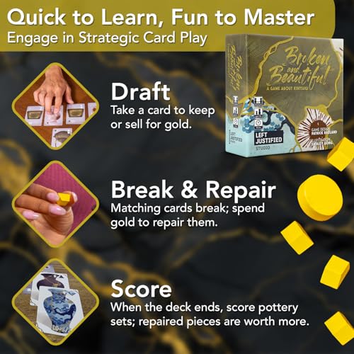 Left Justified Broken and Beautiful Kintsugi Card Game – A Uniquely Themed Deck for Game Night Fun with Family and Friends – Adults and Teens – 2 to 4 Players – Highly Portable