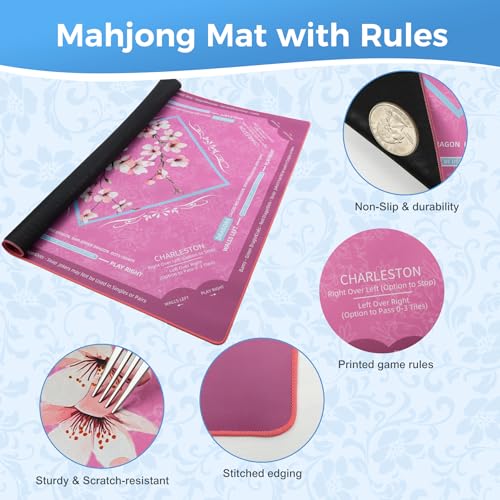 Rollup Shipped American Mahjong Mat with Rules No Crease | 32.6x32.6 inch with Velvet Bag Non Slip Noise Reduction Mahjong Mats with Rules Pink Plum Blossom Design - color: Pink Plum Blossom