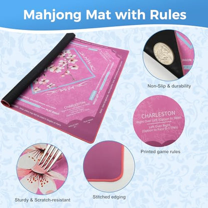 Rollup Shipped American Mahjong Mat with Rules No Crease | 32.6x32.6 inch with Velvet Bag Non Slip Noise Reduction Mahjong Mats with Rules Pink Plum Blossom Design - color: Pink Plum Blossom