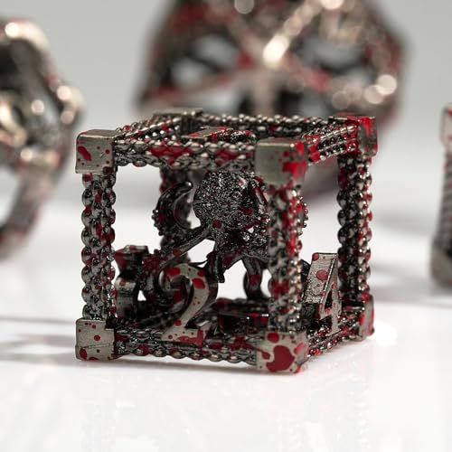 DND Dice Set,3D Octopus Hollow Metal 7-Die,SilverBlood | copper construction,72g balanced weight,engraved numbers,gift box and velvet bag for DND RPG play - color: Bloodstained