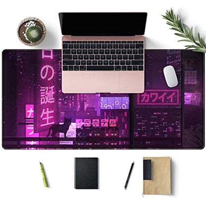 Purple Gaming Mousepad Japanese Desk Mat XXL Extended Anime Cool Large Mouse Pad Keyboard Mouse Mat Desk Pad for Computer Laptop Gamers 31.5''X15.7'' Non-Slip Rubber Base with Stitched Edges - color: A Purple Neon Sign