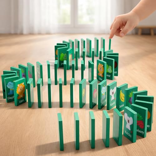 Wooden Dominoes Memory Matching Game for Toddlers 3-6, 57 Pcs Fruit Animal | 3-in-1 Topple Board Games with Storage Bag, Interactive Preschool Educational Toys, Family Reunion Games Gifts for Kids