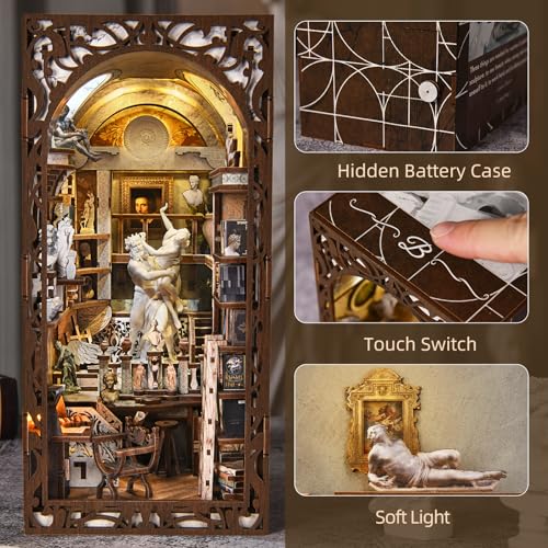 MiniCity Bernini Workshop Book Nook Kit, DIY 3D Wooden Puzzle with LED | Create a sculpture studio for display; LED lighting, glue/tools and guide included; 436 pieces, 6-8 hr build, ages 14+. - style: Bernini's Workshop