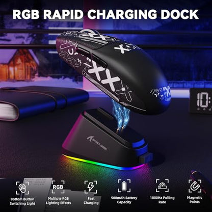 MAMBASNAKE ATTACK SHARK G3PRO Wireless Gaming Mouse with RGB Magnetic Charging Dock, Tri-Mode-2.4G/USB-C Wired/BT,25K DPI,PAW3311 Optical Sensor,59g Ultra Lightweight,Slip Grip Tape for PC/Mac(Black) - color: Black & Griptape