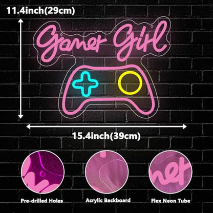 Gamer Neon Sign,Gaming Neon Sign for Gamer Room Decor LED Lights Girl's Bedroom Wall Decor Gamepad Dimmable Neon Gaming Sign for Party Decorations Girl Gifts USB Powered(15.4"*11.4") - style: Game Girl