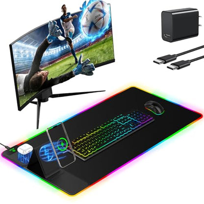 Mouse Pad with Wireless Charger Foldable Phone Holder, XXL RGB Gaming Mousepad 31.5"x15.8" Large Desk Mat for Keyboard, Black Desk Pad with Dual Qi Charging Station, 11 Colors 5 Modes - color: Black-Phone Holder-31.5"x15.8"(with Wall Charger)