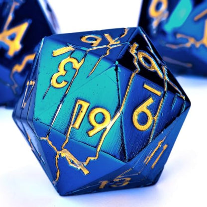 Metal Dice for DND - Ancient Cracked Lightning – Blue Gold Cracks | Beautiful 7pc Polyhedral Dice Set, Smooth Rolling, Role Playing Games (RPG), Compatible with D&D, for Dungeons and Dragons - color: Metal Blue Gold Lightning