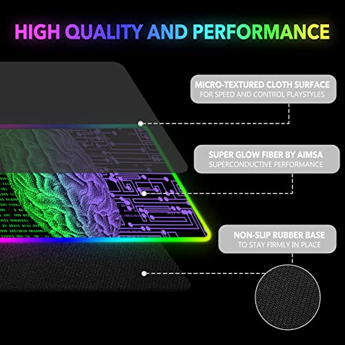 AIMSA Large Gaming Mouse Pad RGB, Keyboard Led Mousepad Extended 35.4 x 15.8 inch Non-Slip Rubber Base with 14 Lighting Modes, Big Desk Mat Waterproof, Technology Brain - color: Technology Brain