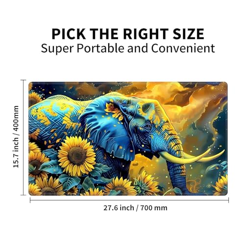 Large Gaming Playmat Compatible with MTG, Seamless Card Game Mat with Stitched Edges, 27.6 x 15.7 in Natural Rubber Desk Pad with Transparent Drawstring Bag, Elephant in Sunflower Field - color: Elephant in Sunflower Field, size: 28"X16" Regular