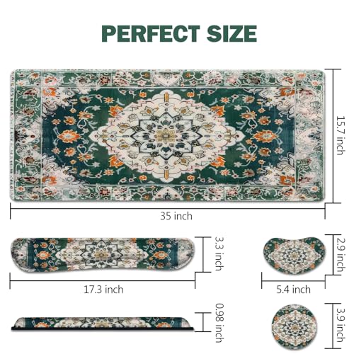 AIMSA Desk Mat Set, Large Mouse Pad + Mouse Wrist Rest + Keyboard Wrist Support + Coaster, 4in1 Rug Gaming Mouse Pad Combo for Home Office, Retro Boho Art - color: Retro Boho Art