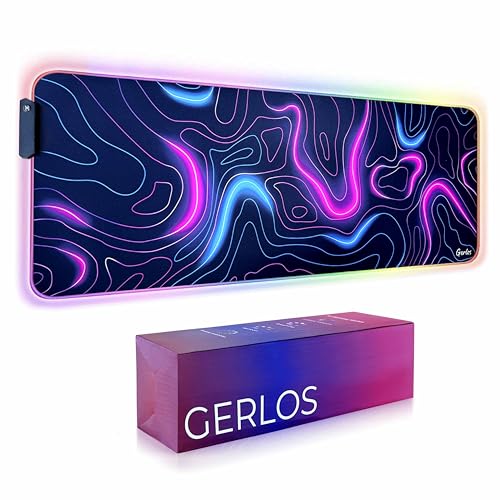 Gerlos RGB Gaming Mouse Pad, Large LED Desk Mat, 31.5 x 11.8 Inch | 12 light modes, non-slip base, water-resistant surface, stitched edges - color: Neon Pink