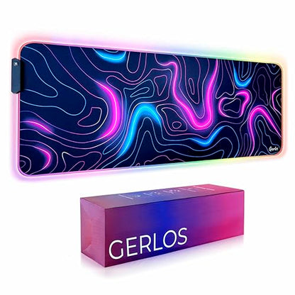 Gerlos RGB Gaming Mouse Pad, Large LED Desk Mat, 31.5 x 11.8 Inch | 12 light modes, non-slip base, water-resistant surface, stitched edges - color: Neon Pink
