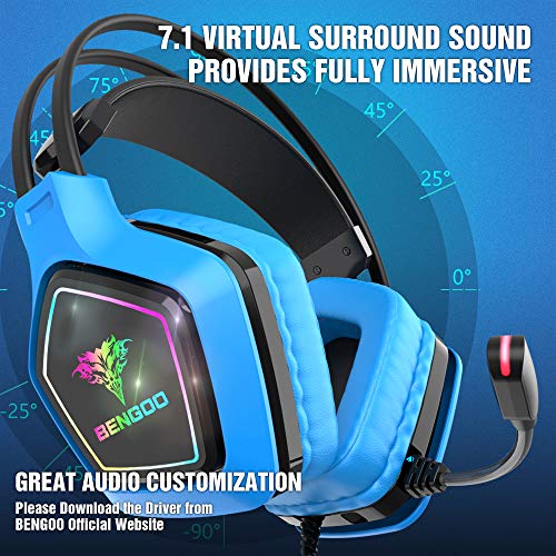 BENGOO USB Pro Gaming Headset for PC PS4, 7.1 Surround Sound Gaming Headphones with Noise Cancelling Mic, in-Line Volume/Mic/EQ Control, Soft Memory Earmuffs RGB Lights for Laptop Mac Nintendo 64
