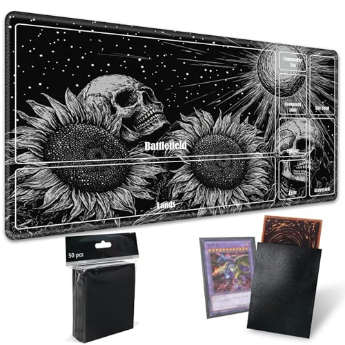 MTG Playmat with Zones, TCG Card Game Play Mat with Stitched Edges, Non-Slip Rubber Base Gaming Desk Mat, Smooth Surface 24 x 14 Inch, Dark Sunflower Skull - color: Dark Sunflower Skull, size: Zone 1